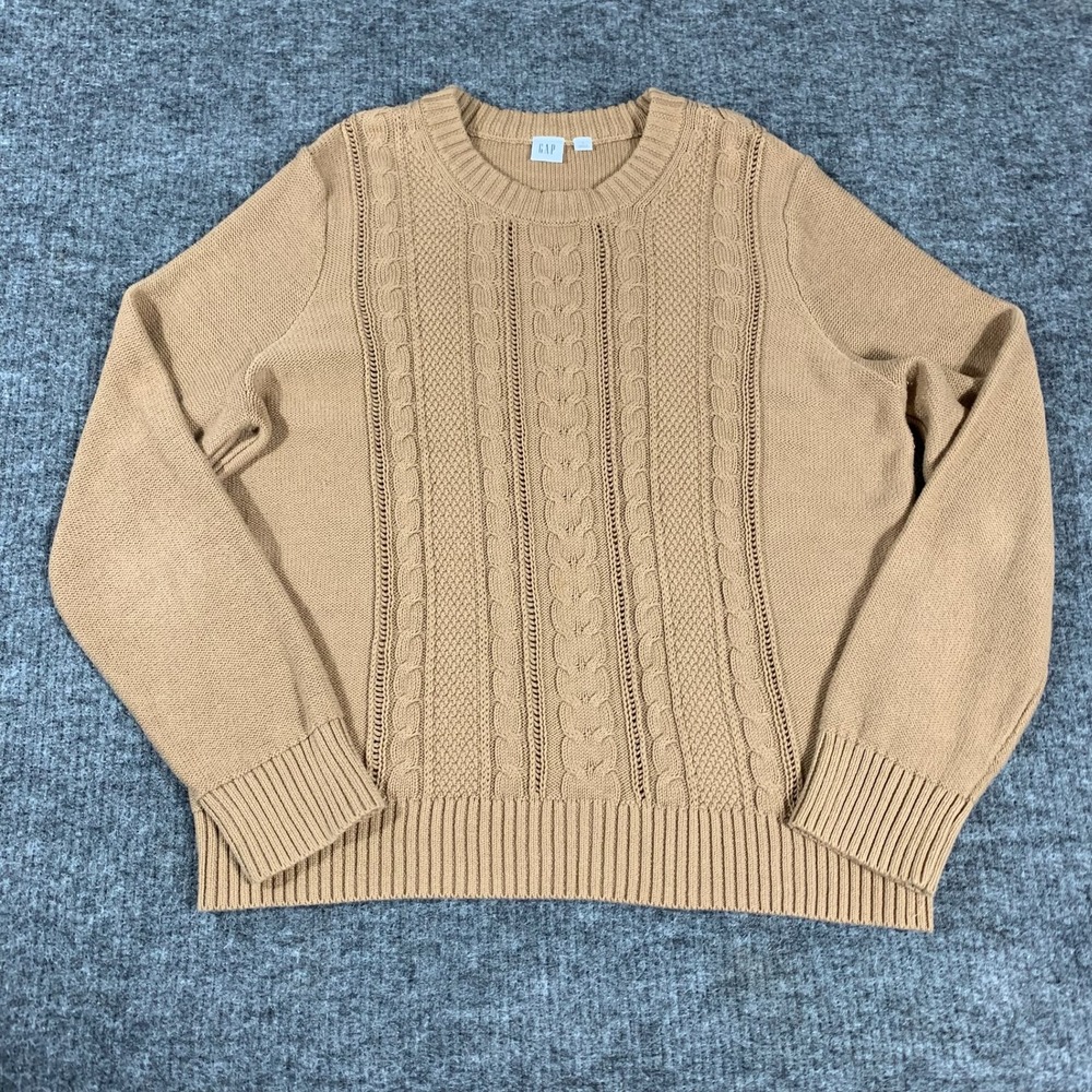 GAP Sweater Womens Large Beige Cable Knit Pointelle Crewneck Pullover Luxury